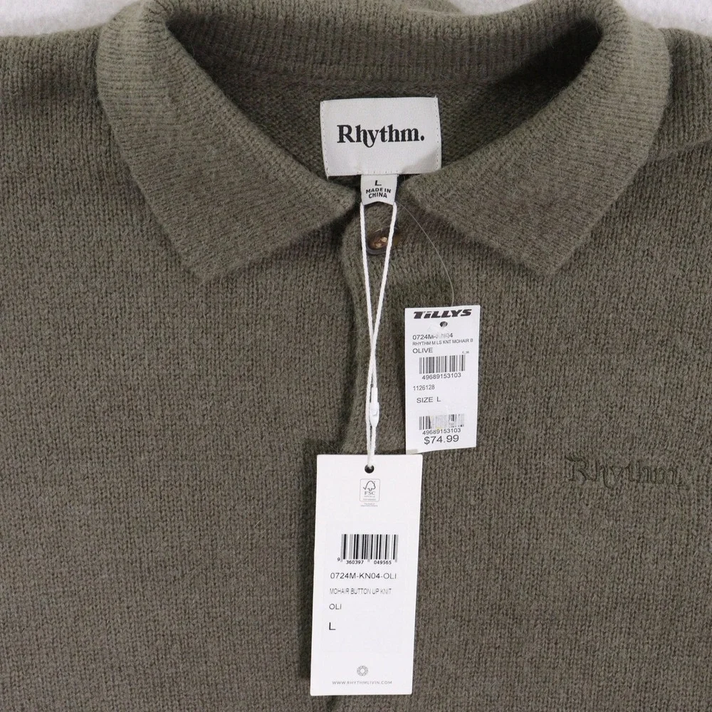 Rhythm Button Up Knit Polo Sweater Mohair Wool Blend Olive Men L NWT